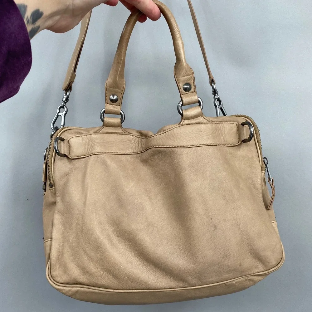 ASH Tan Leather Studded Satchel Crossbody Bag Multi Pocket Gunmetal‎ Hardware